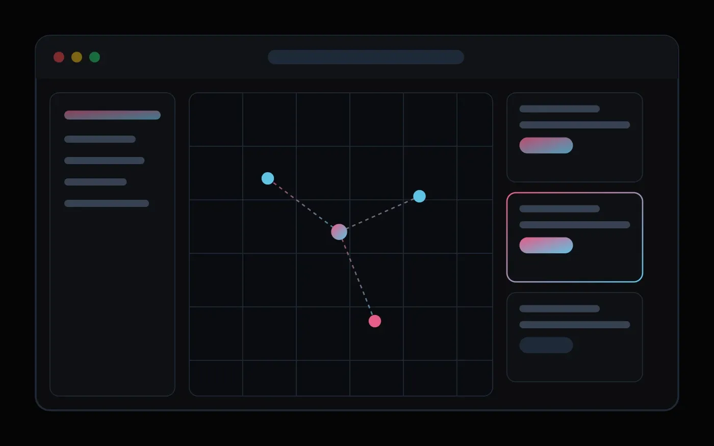 Abstract dashboard mockup representing a multi-tenant SaaS platform: sidebar navigation, a map view with connected data points, and a card panel